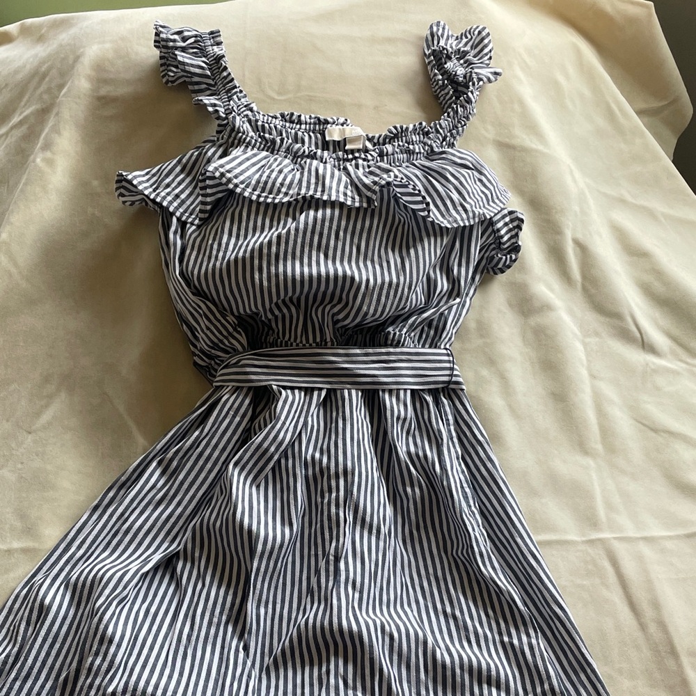 Michael Kors Dark Grey and White Striped Midi Dress